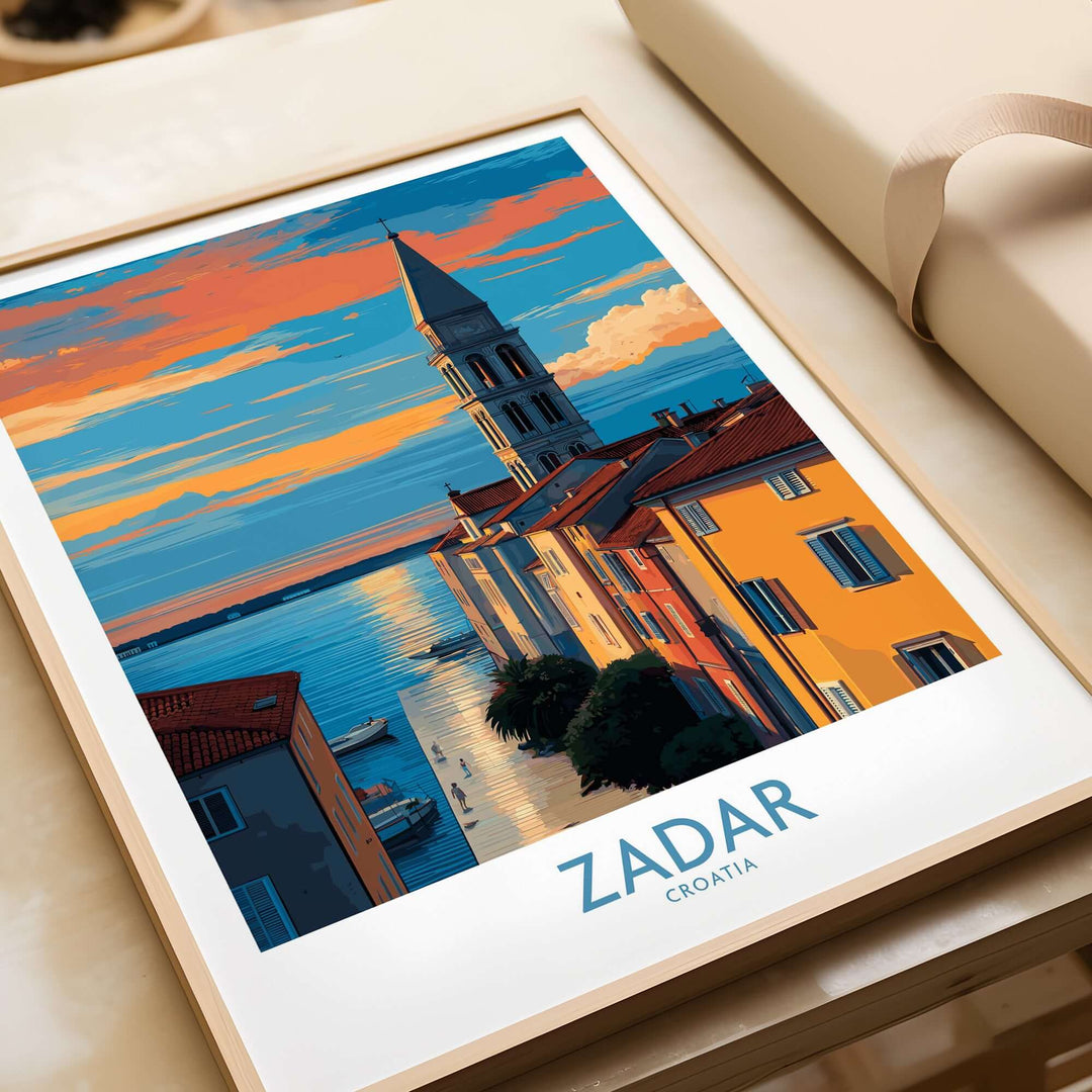 Zadar Croatia Sunset Bell Tower Art Print | Old Town Seascape Poster featuring a colorful view of Zadar's coastline.