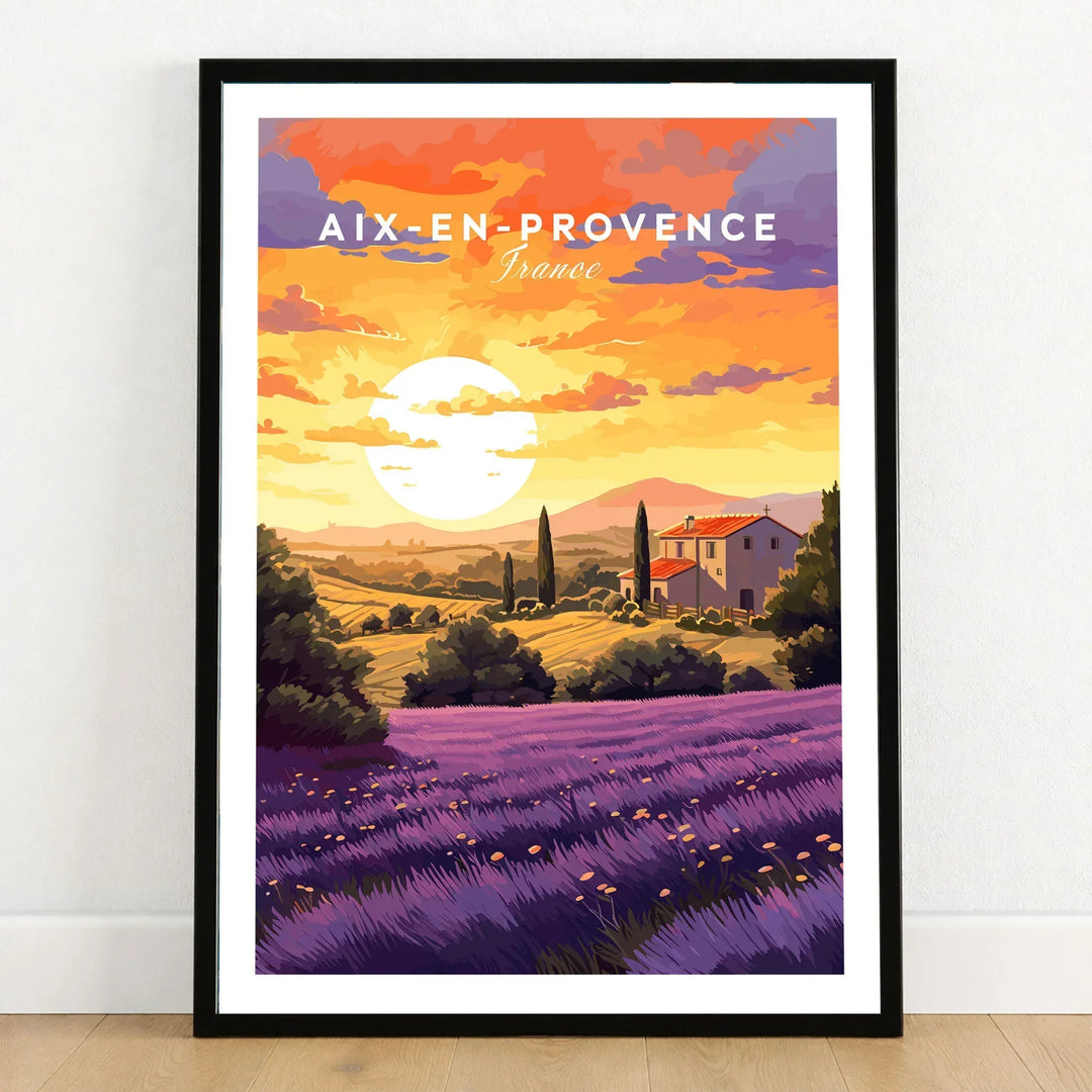 Aix-en-Provence Print in a black wooden frame leaning against a white wall on a light wooden floor