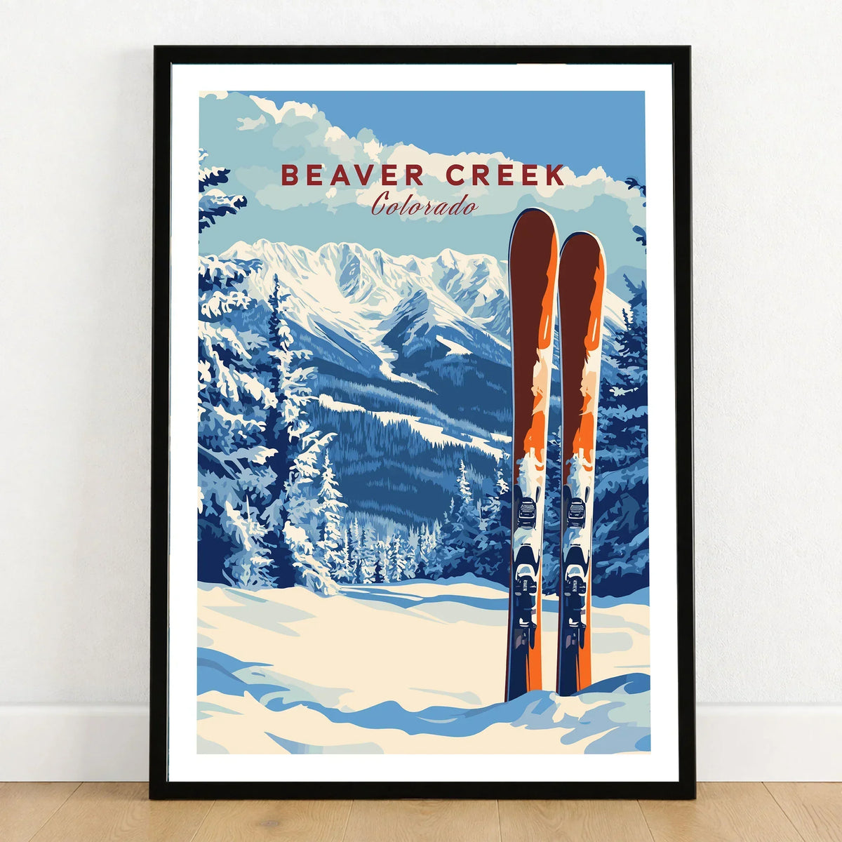 Beaver Creek Colorado Ski Poster - Rocky Mountain Winter Art Print in a black wooden frame leaning against a white wall on a light wooden floor