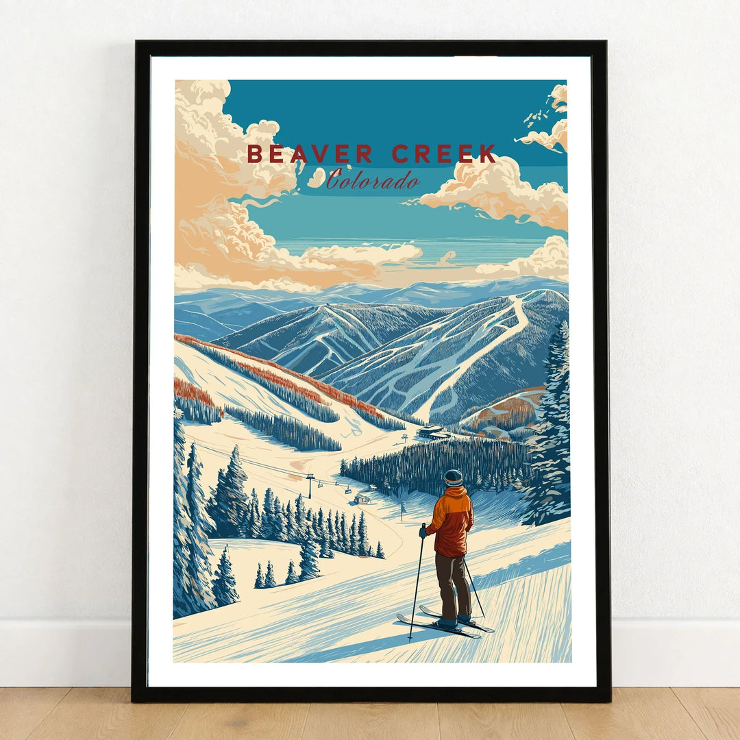 Beaver Creek Colorado Mountain View Ski Print - Scenic Slope Wall Art in a black wooden frame leaning against a white wall on a light wooden floor