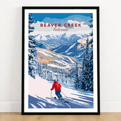 Beaver Creek Colorado Downhill Skier Poster - Winter Sports Wall Art in a black wooden frame leaning against a white wall on a light wooden floor