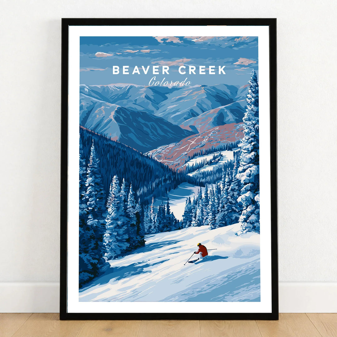 Beaver Creek Colorado Solo Skier Wall Art - Mountain Adventure Print in a black wooden frame leaning against a white wall on a light wooden floor