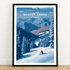 Beaver Creek Colorado Solo Skier Wall Art - Mountain Adventure Print in a black wooden frame leaning against a white wall on a light wooden floor