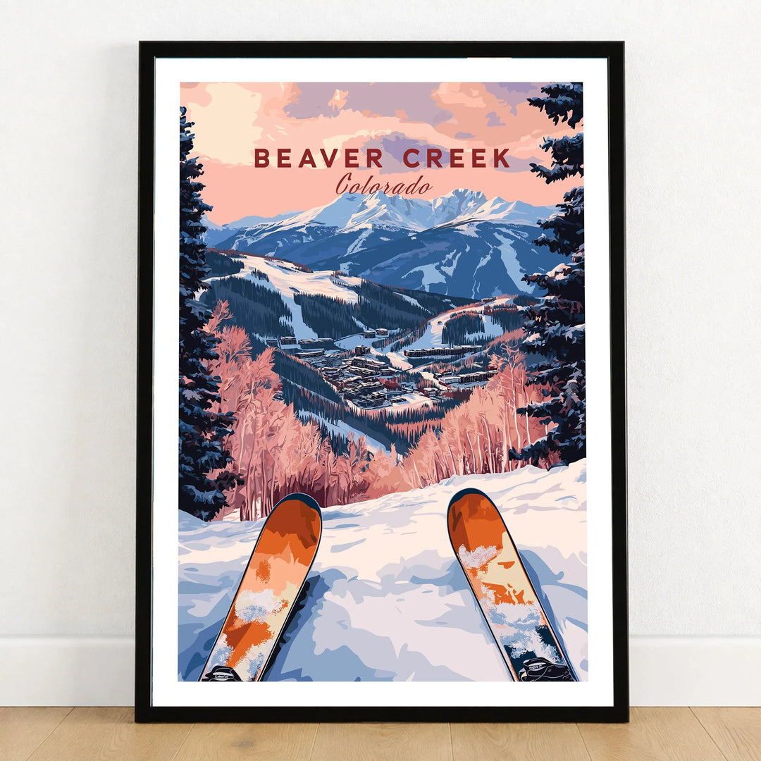 Beaver Creek Colorado Ski Resort View Poster - Mountain Village Wall Art in a black wooden frame leaning against a white wall on a light wooden floor