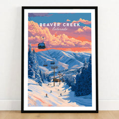 Beaver Creek Colorado Ski Lift Sunset Print - Mountain Gondola Wall Art in a black wooden frame leaning against a white wall on a light wooden floor