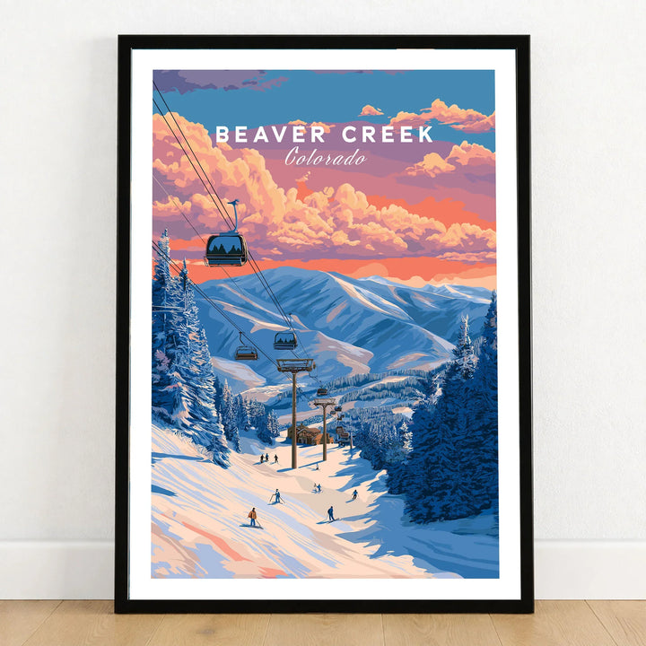 Beaver Creek Colorado Ski Lift Sunset Print - Mountain Gondola Wall Art in a black wooden frame leaning against a white wall on a light wooden floor