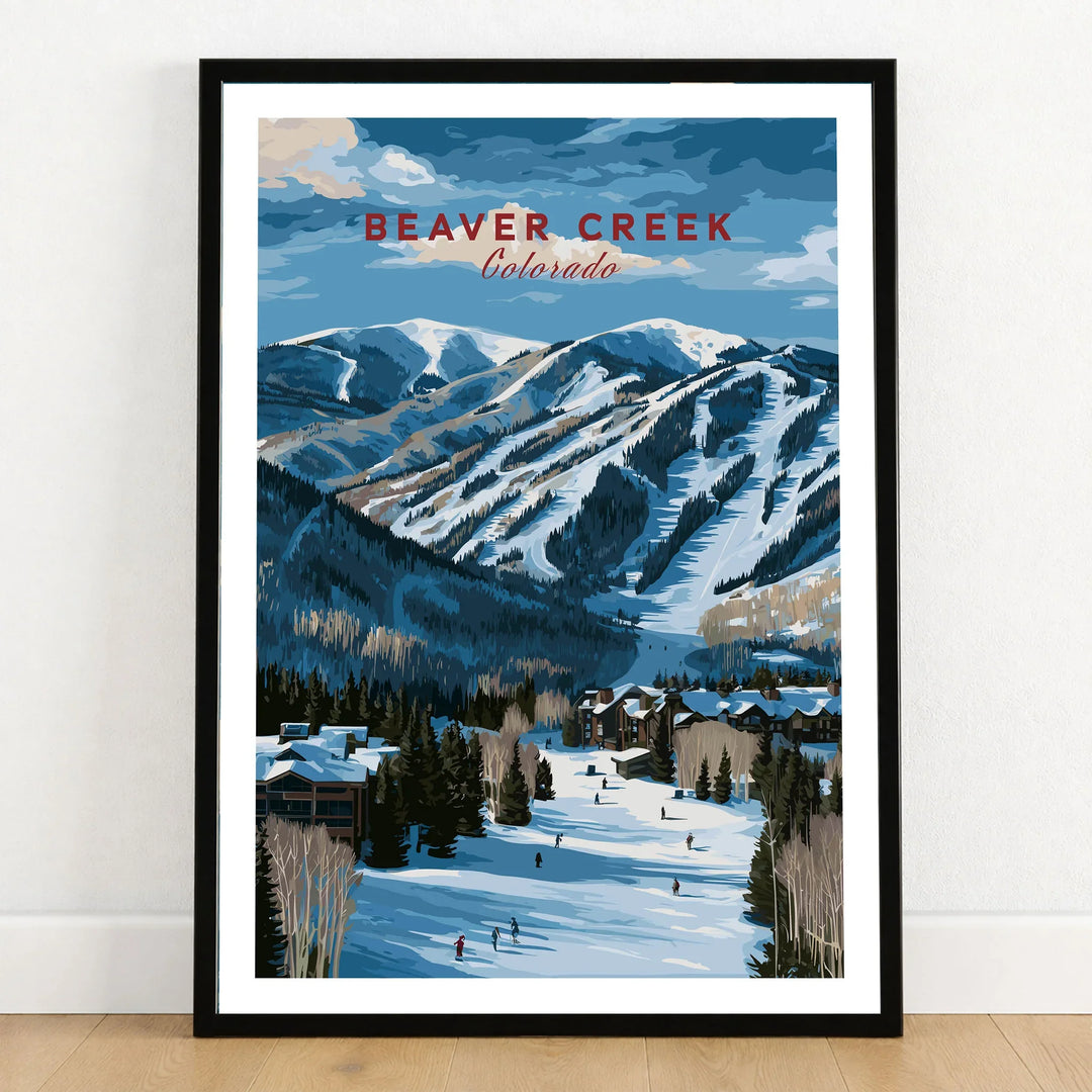 Beaver Creek Colorado Village Ski Resort Print - Panoramic Mountain Wall Art in a black wooden frame leaning against a white wall on a light wooden floor