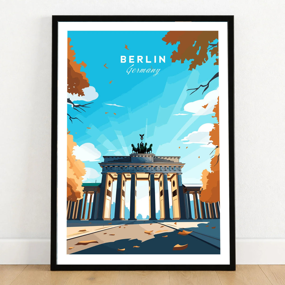 Berlin Poster Blue Sky in a black wooden frame leaning against a white wall on a light wooden floor