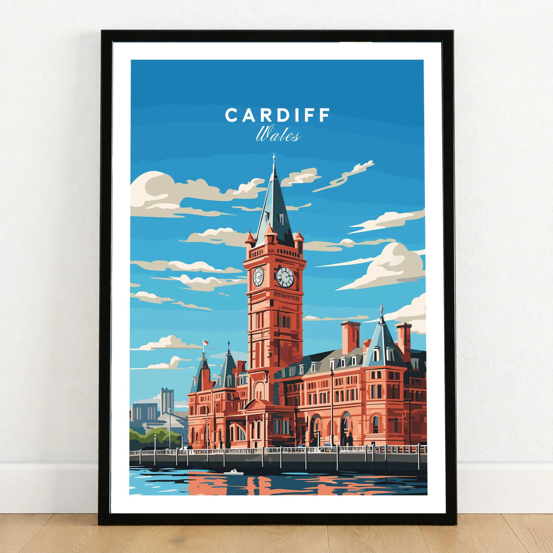 Cardiff Travel Poster in a black wooden frame leaning against a white wall on a light wooden floor