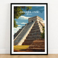 Chichén Itzá Mexico Travel Print El Castillo Pyramid Poster Mayan Ruins Wall Art in a black wooden frame leaning against a white wall on a light wooden floor
