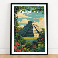 Chichén Itzá Mexico Travel Poster Pyramid Jungle Print Mayan Ruins Wall Art Decor in a black wooden frame leaning against a white wall on a light wooden floor