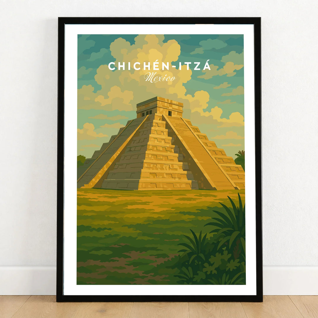 Chichén Itzá Mexico El Castillo Pyramid Travel Print Mayan Landscape Poster Wall Art in a black wooden frame leaning against a white wall on a light wooden floor