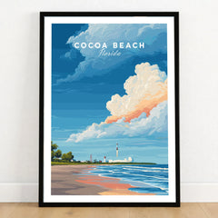 Cocoa Beach Florida Rocket Launch Print - Space Coast Wall Art in a black wooden frame leaning against a white wall on a light wooden floor