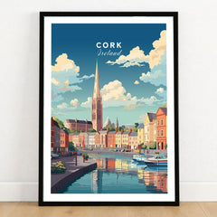 Cork City Ireland Print in a black wooden frame leaning against a white wall on a light wooden floor