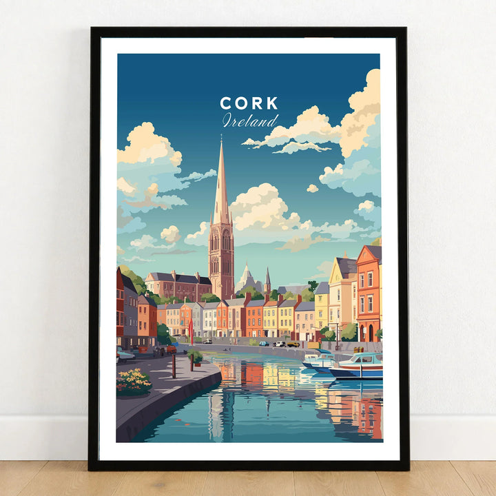 Cork City Ireland Print in a black wooden frame leaning against a white wall on a light wooden floor