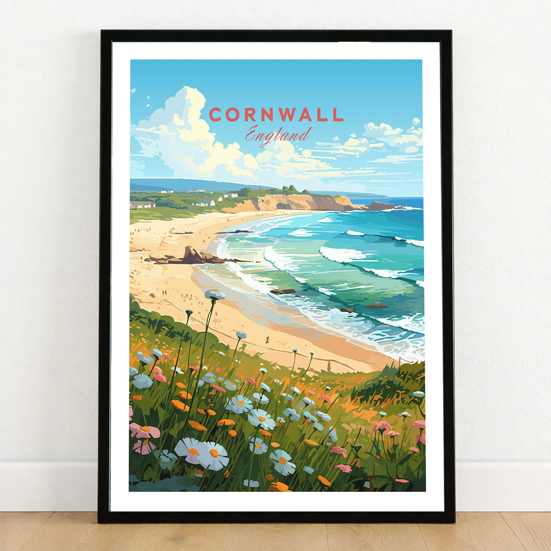 Cornwall Art Print in a black wooden frame leaning against a white wall on a light wooden floor