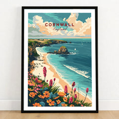Cornwall Wall Art Print - United Kingdom Travel Poster in a black wooden frame leaning against a white wall on a light wooden floor