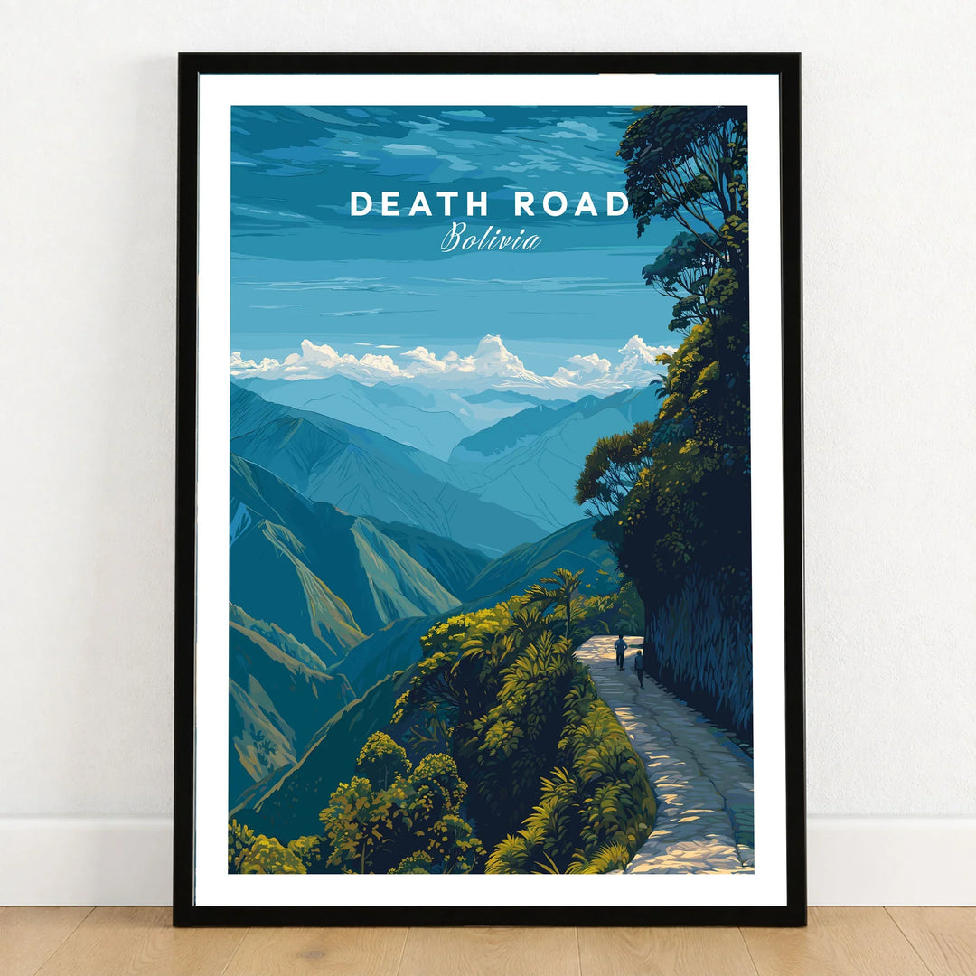 Death Road Yungas Adventure Scenic Print | Bolivian Travel Wall Decor in a black wooden frame leaning against a white wall on a light wooden floor