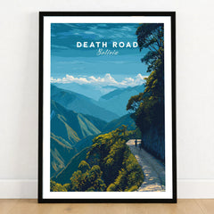 Death Road Yungas Adventure Scenic Print | Bolivian Travel Wall Decor in a black wooden frame leaning against a white wall on a light wooden floor