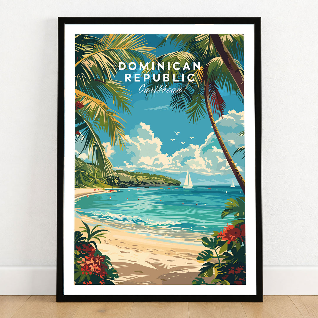 Dominican Republic Travel Print in a black wooden frame leaning against a white wall on a light wooden floor