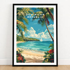 Dominican Republic Travel Print in a black wooden frame leaning against a white wall on a light wooden floor