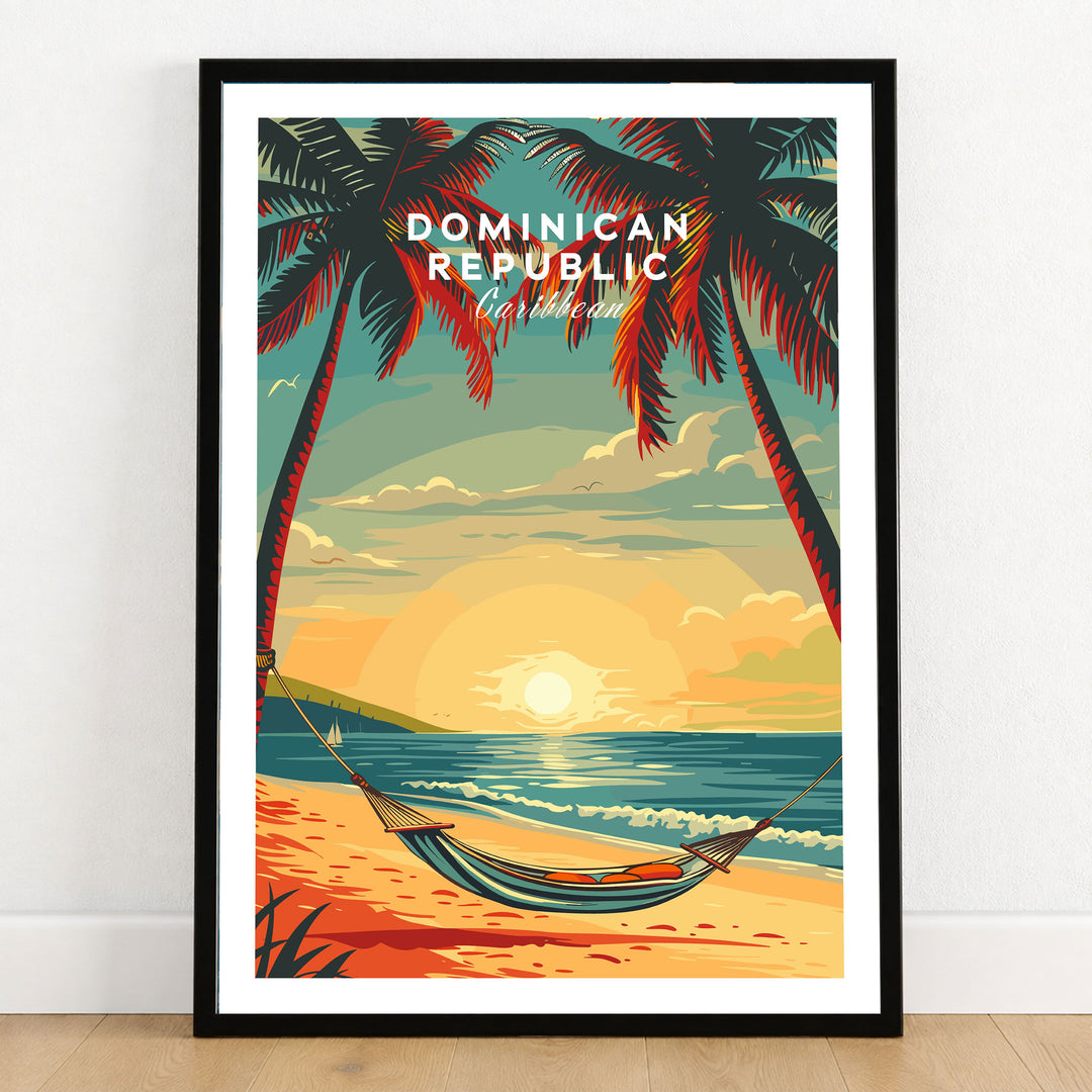 Dominican Republic Travel Poster in a black wooden frame leaning against a white wall on a light wooden floor