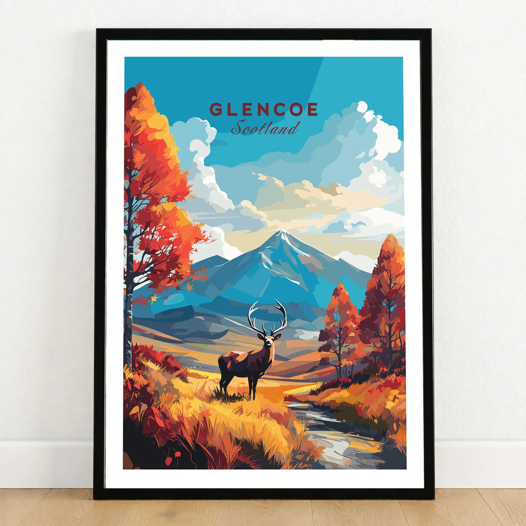 Glencoe Art Print in a black wooden frame leaning against a white wall on a light wooden floor