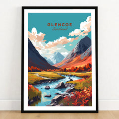 Glencoe Poster Print in a black wooden frame leaning against a white wall on a light wooden floor