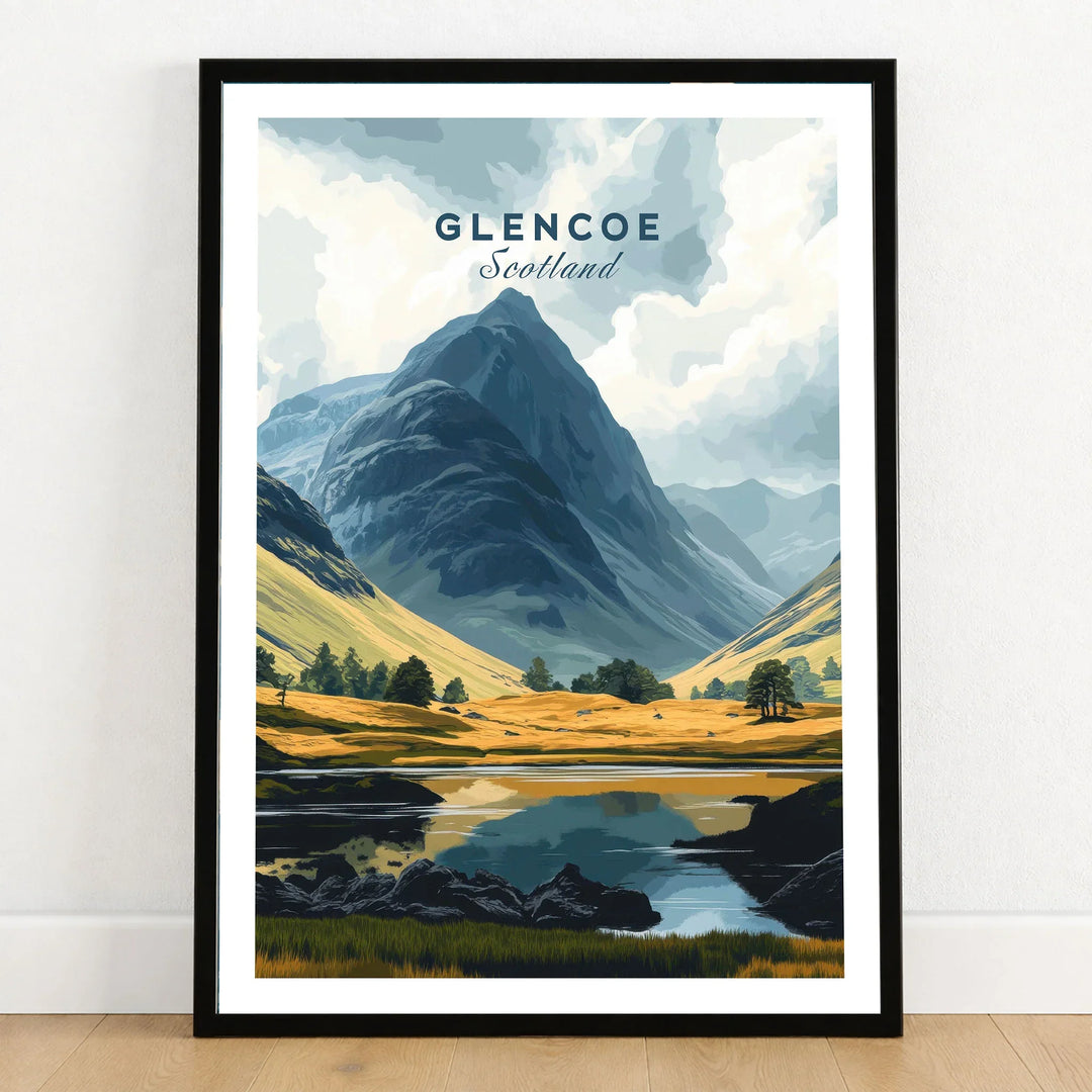 Glencoe Travel Print in a black wooden frame leaning against a white wall on a light wooden floor