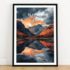 Glencoe Wall Art in a black wooden frame leaning against a white wall on a light wooden floor