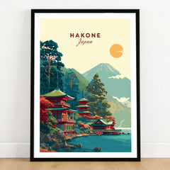 Hakone Japan Lake Ashi Temple Print - Japanese Pagoda Wall Art in a black wooden frame leaning against a white wall on a light wooden floor
