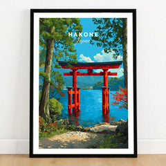 Hakone Japan Lake Ashi Torii Gate Poster - Floating Gate Wall Art in a black wooden frame leaning against a white wall on a light wooden floor