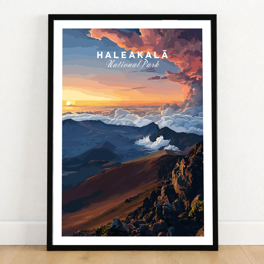 Haleakalā Sunset Poster, Maui Hawaii Wall Art, National Park Travel Print in a black wooden frame leaning against a white wall on a light wooden floor