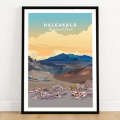Haleakalā Volcano Poster, Maui Hawaii Travel Print, National Park Wall Art in a black wooden frame leaning against a white wall on a light wooden floor