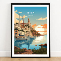 Ibiza Poster Print in a black wooden frame leaning against a white wall on a light wooden floor