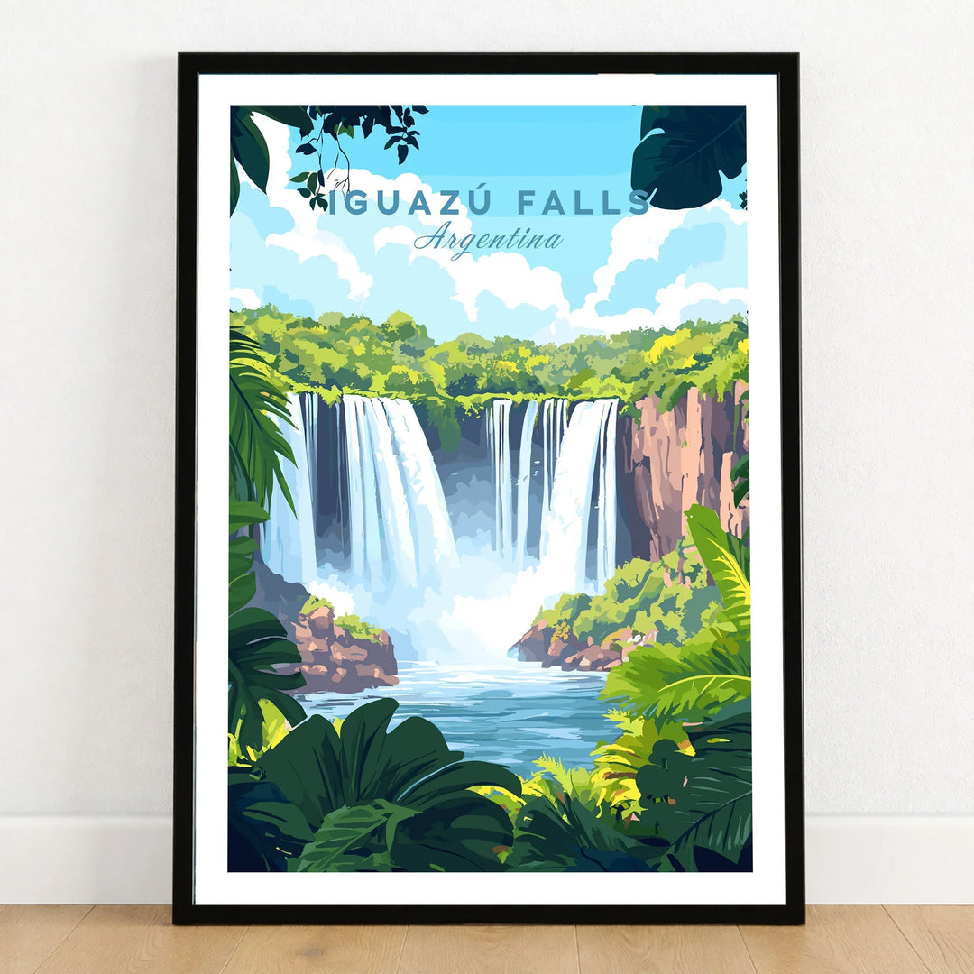 Iguazu Falls Travel Print in a black wooden frame leaning against a white wall on a light wooden floor