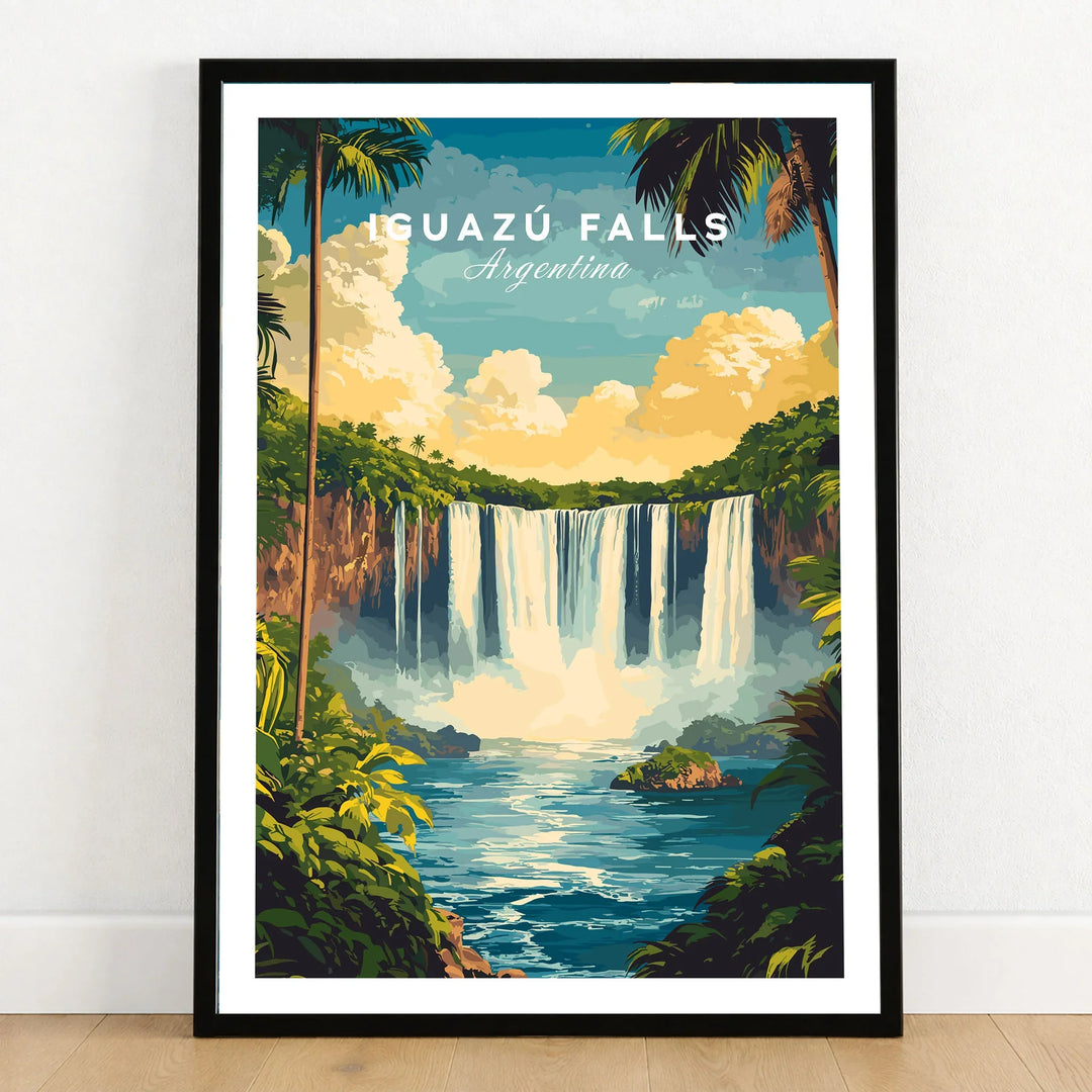 Iguazu Falls Wall Art in a black wooden frame leaning against a white wall on a light wooden floor