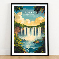 Iguazu Falls Wall Art in a black wooden frame leaning against a white wall on a light wooden floor