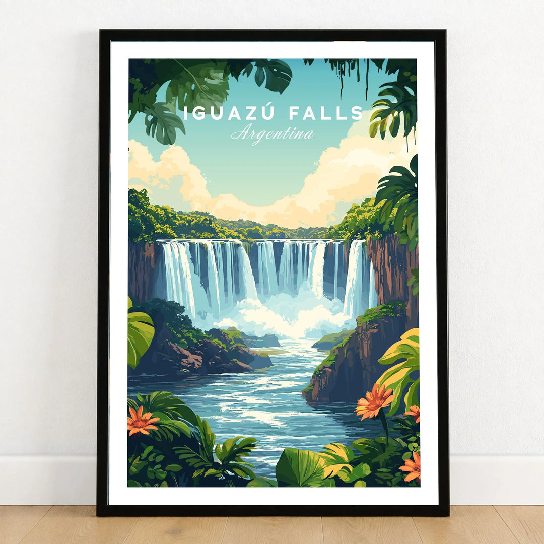 Iguazu Falls Print Argentina in a black wooden frame leaning against a white wall on a light wooden floor