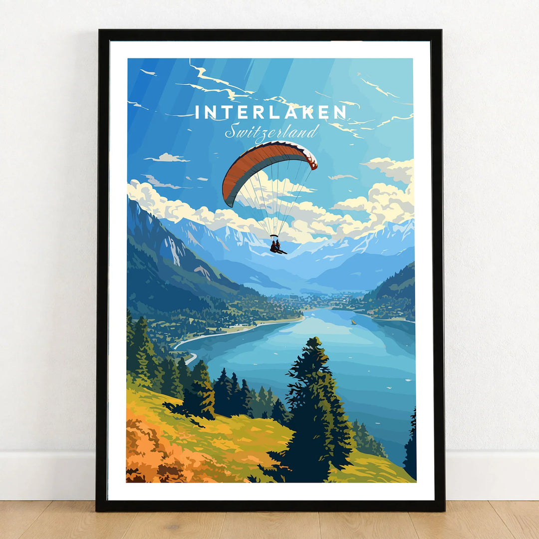 Interlaken Switzerland Poster in a black wooden frame leaning against a white wall on a light wooden floor