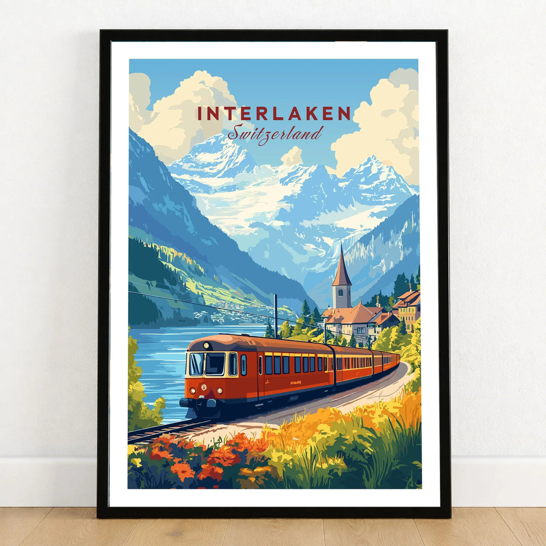 Interlaken Travel Print in a black wooden frame leaning against a white wall on a light wooden floor