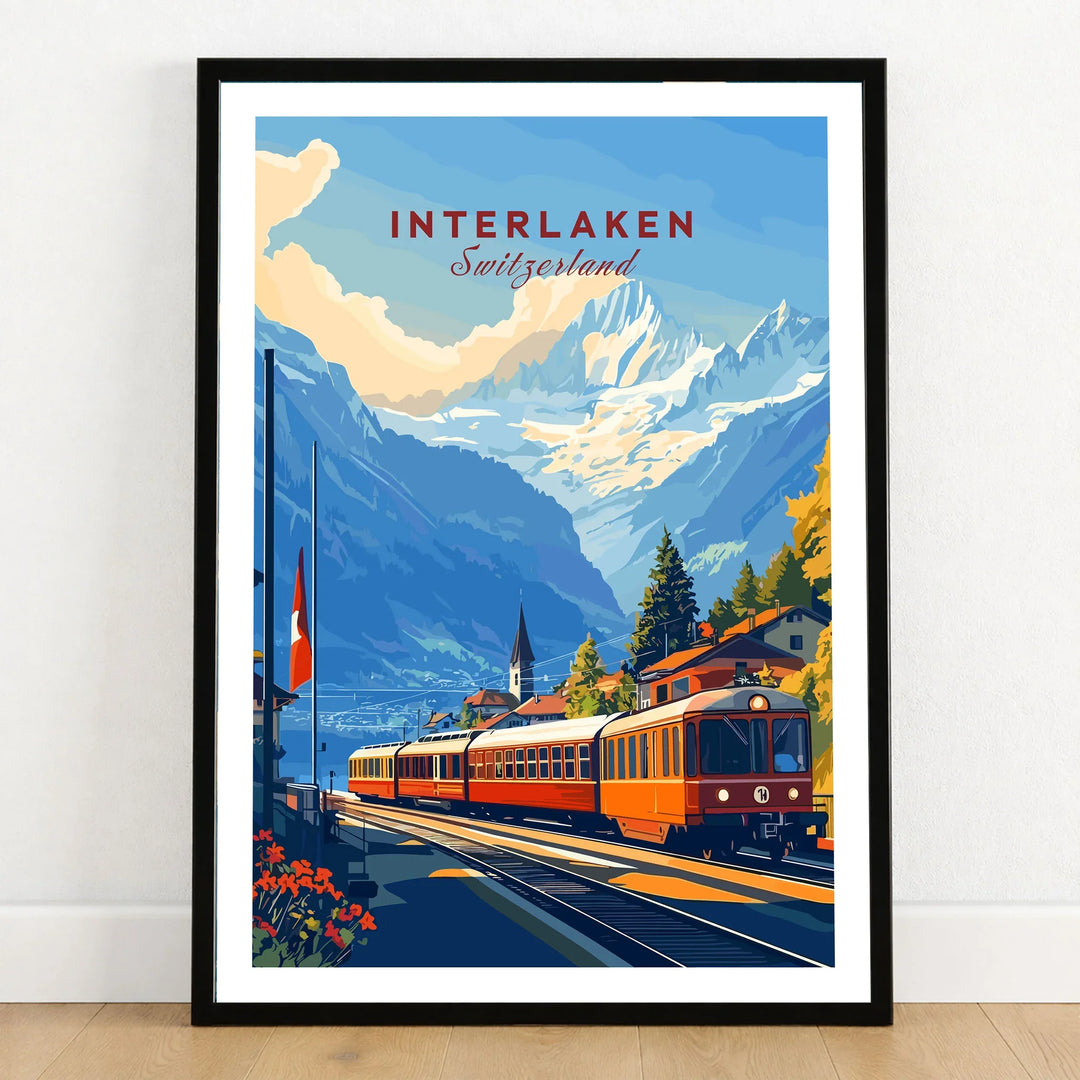 Interlaken Wall Art in a black wooden frame leaning against a white wall on a light wooden floor