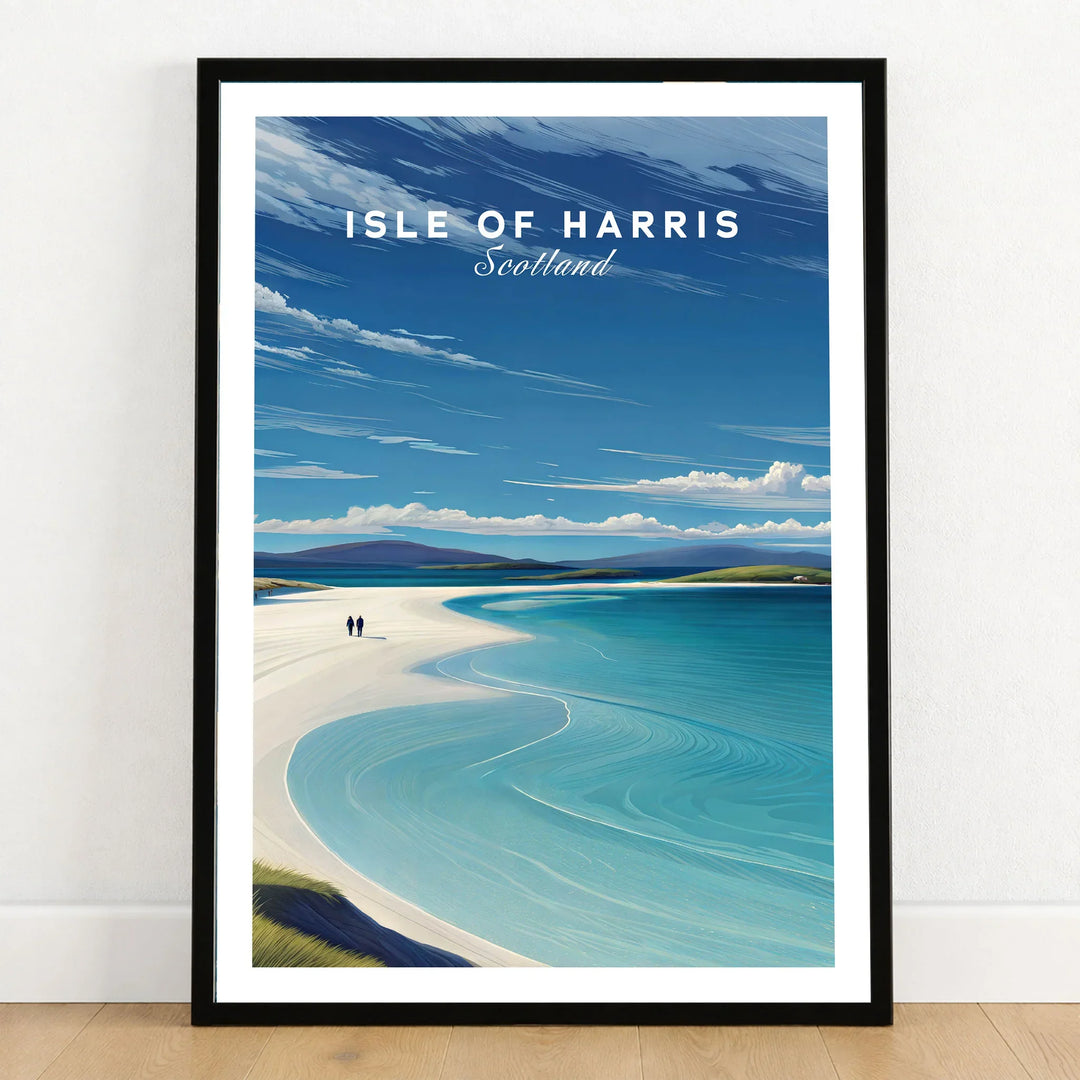 Isle of Harris Scotland Luskentyre Beach Print - White Sand Coastal Wall Art in a black wooden frame leaning against a white wall on a light wooden floor