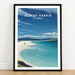 Isle of Harris Scotland Luskentyre Beach Print - White Sand Coastal Wall Art in a black wooden frame leaning against a white wall on a light wooden floor