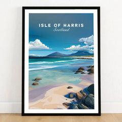 Isle of Harris Scotland Blue Sky Beach Print - Rocky Coastline Wall Art in a black wooden frame leaning against a white wall on a light wooden floor