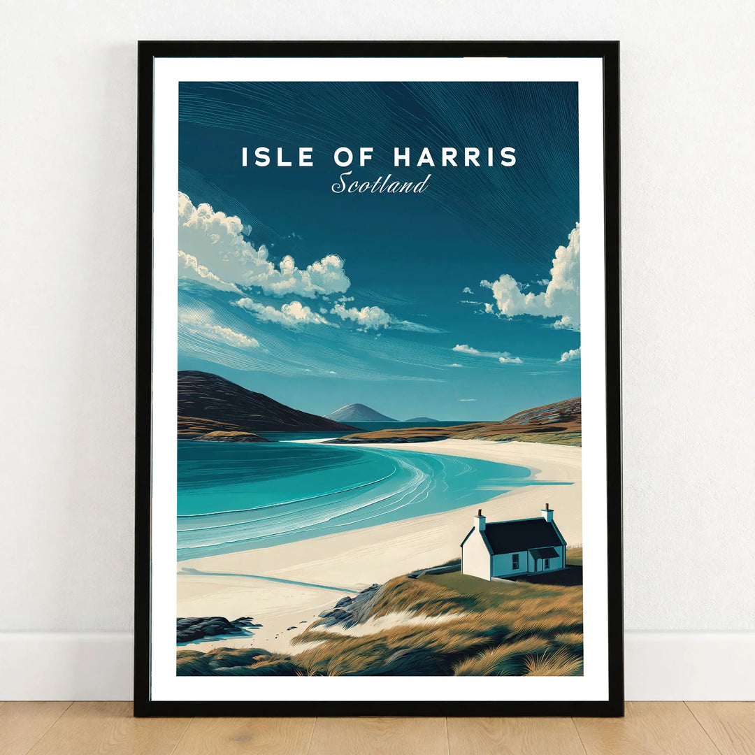 Isle of Harris Scotland Beach House Seascape Poster - Remote Scottish Isle Print in a black wooden frame leaning against a white wall on a light wooden floor