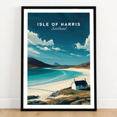Isle of Harris Scotland Beach House Seascape Poster - Remote Scottish Isle Print in a black wooden frame leaning against a white wall on a light wooden floor