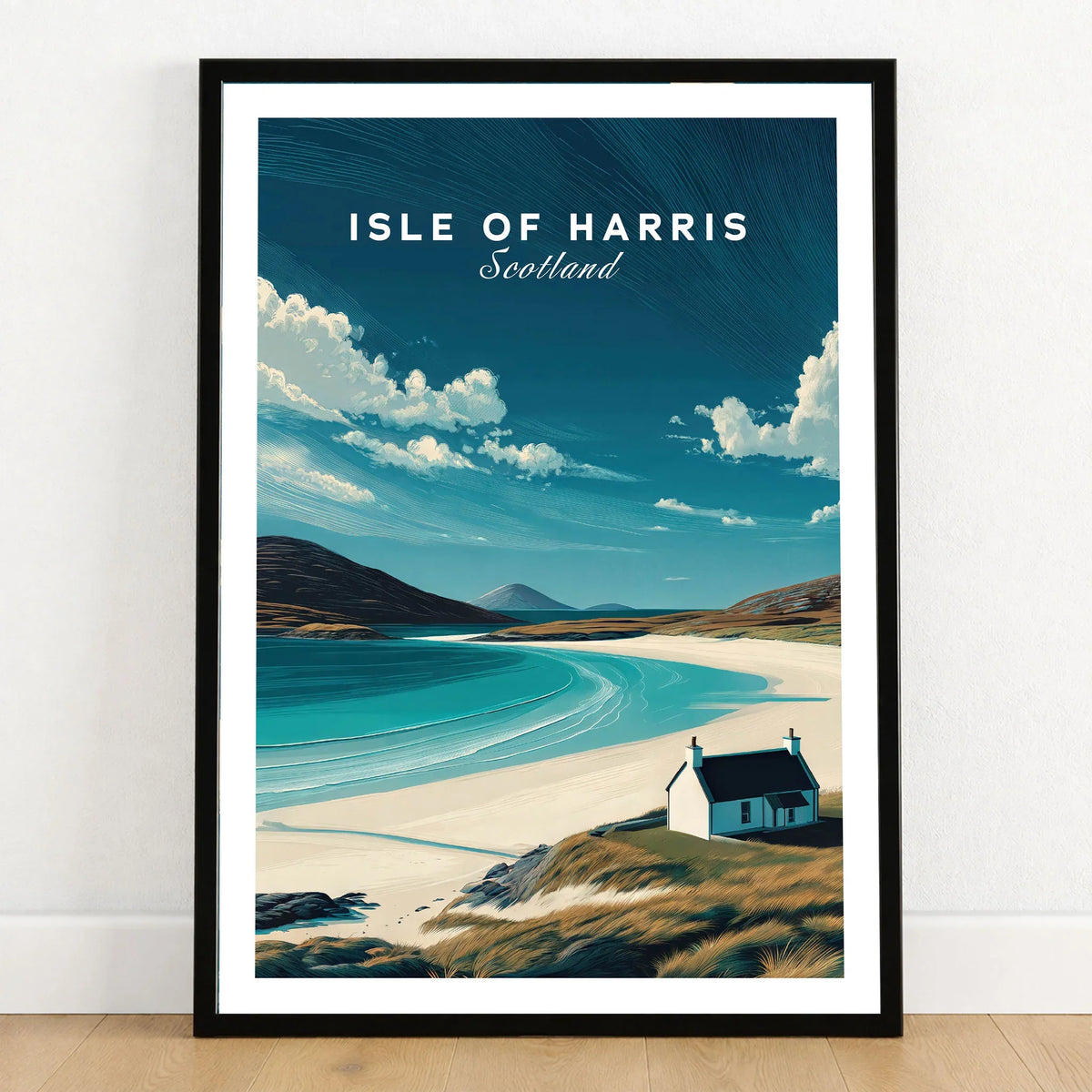 Isle of Harris Scotland Beach House Seascape Poster - Remote Scottish Isle Print in a black wooden frame leaning against a white wall on a light wooden floor
