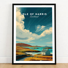 Isle of Harris Print Scotland Coastal Cottage Landscape - Rolling Hills Wall Art in a black wooden frame leaning against a white wall on a light wooden floor