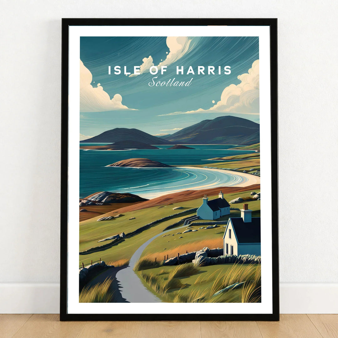 Isle of Harris Scotland Beach Print - Scenic Coastal Wall Art in a black wooden frame leaning against a white wall on a light wooden floor